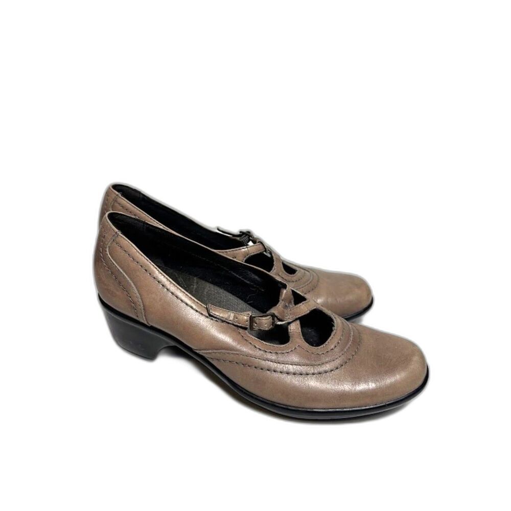 Clarks Mary Jane Clogs Size 7 Brown Gray Leather Comfort Work Cottagecore Buckle